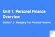 Overview Unit 1: Personal Finance...Unit 1: Personal Finance Overview Section 1.2 - Managing Your Personal Finances. Objectives Discuss the various factors that influence financial