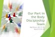 Celebrating Our Part In The Body - Discipleship Team€¦ · disciple! “It is possible to be a follower of Jesus without being a disciple; to be a camp follower without being a