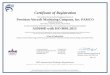 Certificate of Registration...Certificate of Registration This certifies that the Quality Management System of Precision Aircraft Machining Company, Inc. PAMCO 10640 Elkwood Street