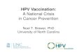 A National Crisis in Cancer Prevention...HPV vaccination guidelines On-time 3 doses, ages 11 or 12 Better immune response in younger adolescents Universal vaccination is most effective