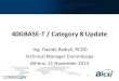 40GBASE-T / Category 8 Update · Lessons learned from 10GBASE-T NGBase-T Update 40GbE and 100GbE Options 40GBASE-KR4 40GBASE-CR4 40GBASE-SR4 40GBASE-LR4 40GBASE-FR 802.3ba 802.3ba