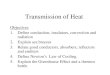Transmission of HeatTransmission of Heat Objectives 1. Define conduction, insulators, convection and radiation 2. Explain sea breezes 3. Relate good conductors, absorbers, reflectors