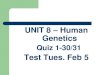 UNIT 8 Human Genetics · 2019. 1. 26. · V. GENETIC DISORDERS - SEX-LINKED DISORDERS A. Sex-Linked Inheritance (pp.350, 351) A gene is referred to as “sex-linked” if it is located
