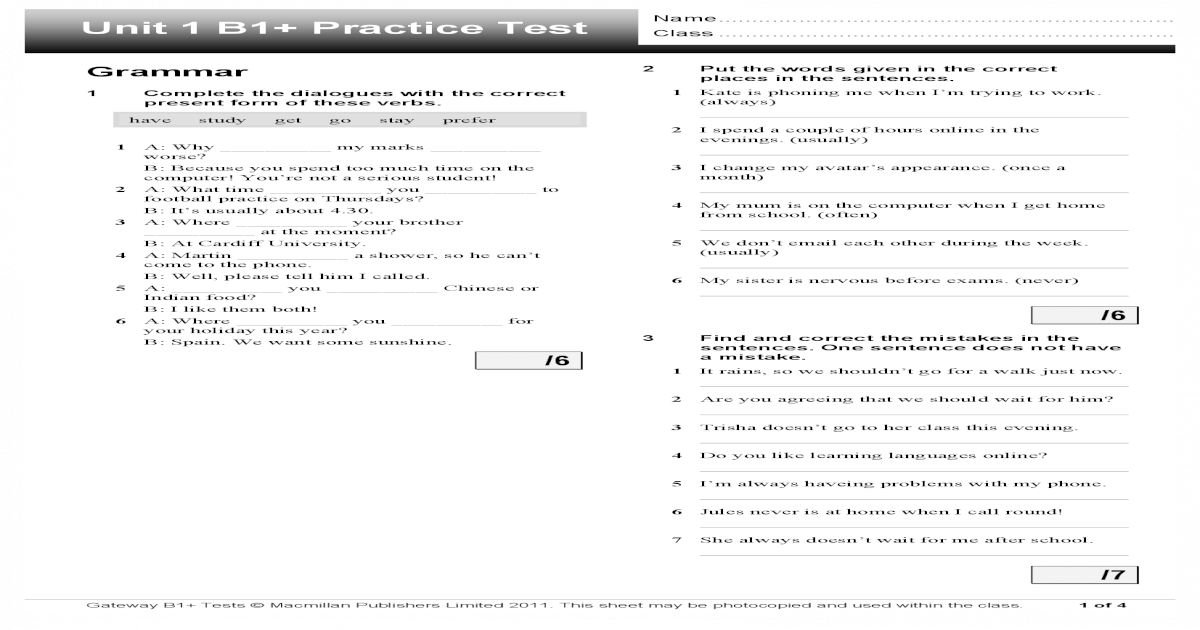 English Class B1 Test Unit 1 Pdf Unit 1 B1+ Practice Test -.. Class.. Gateway B1+ Tests Macmillan Publishers Limited